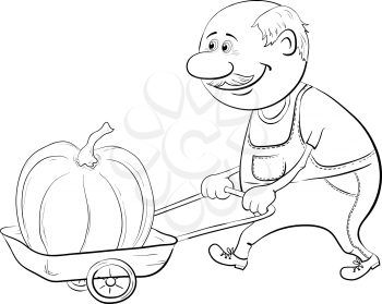 Old men gardener driven truck with pumpkin, black contour on white background. Vector illustration