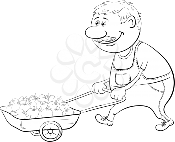 Men gardener driven truck with fresh tomatoes and peppers, black contour on white background. Vector illustration