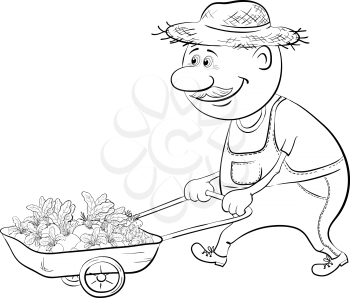 Men gardener driven truck with fresh vegetables, black contour on white background. Vector illustration