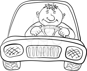 Cartoon, car with a man driver, contours on white. Vector