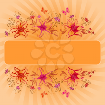 Background for your text, flowers lily and butterfly