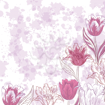 Floral Pattern, Flowers Tulips Contours and Silhouettes on Abstract Background with Blots. Eps10, Contains Transparencies. Vector