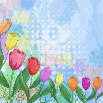 Tulips flowers and leafs on abstract background with circles and blots. Vector eps10, contains transparencies