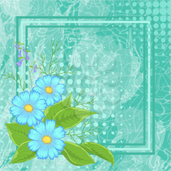 Floral green background for greetings card with flowers cosmos, leaves and frame. Vector eps10, contains transparencies