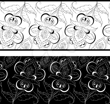 Abstract seamless floral background, pattern with monochrome outline symbolical flowers and lines. Vector