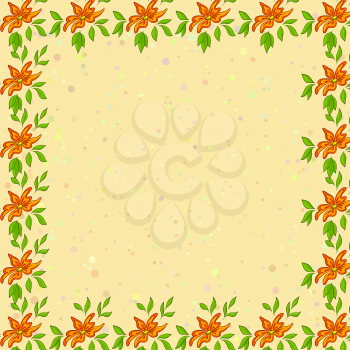 Floral background, frame of orange flowers, green leafs and confetti on yellow Vector