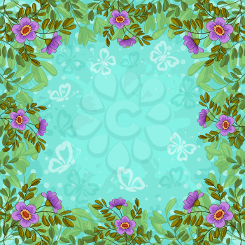 Summer flowers, lives and butterflies silhouettes on background of blue sky. Vector