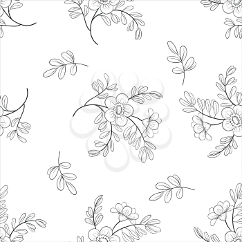 Seamless Floral Background, Symbolical Flowers and Leafs, Contours. Vector