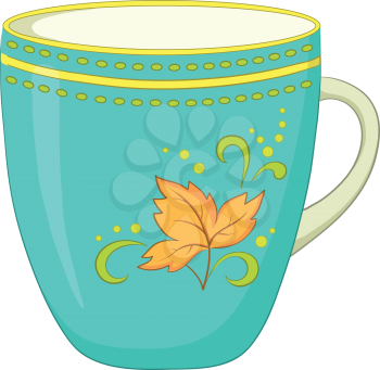 China green cup with a pattern from circles and yellow autumn leaf