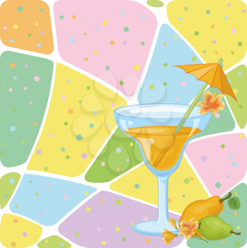 Food and Drink, Glass with Juice, Straw with Umbrella, Pears and Flowers Alstroemeria on the Background with Abstract Pattern. Eps10, Contains Transparencies. Vector