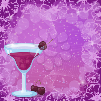 Food and Drink, Glass with a Juice Cocktail, Cherry and Ice on Abstract Background with a Pattern of Curves, Flowers and Circles. Eps10, Contains Transparencies. Vector