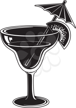 Glass with drink, kiwifruit and straw, symbolical pictogram, black on white background. Vector illustration