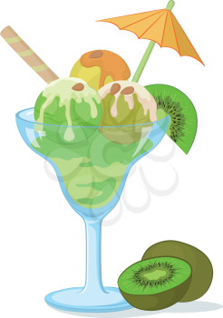 Blue transparent glass with a green ice cream, kiwifruit, nuts and wafer. Eps10, contains transparencies. Vector