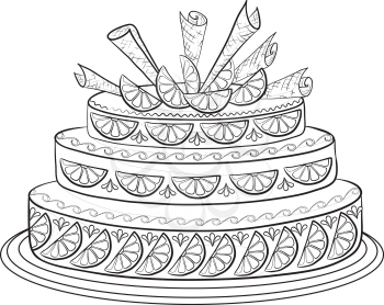 Holiday Pie Decorated with Oranges, Lemons and Wafers, Black Contours. Vector