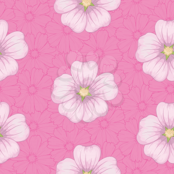 Seamless floral background, pink mallow flowers and cosmos contours. Vector