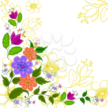 Abstract vector background: various symbolical flowers on yellow