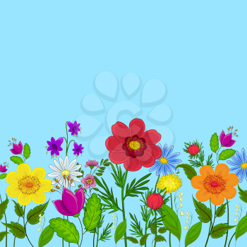 Vector, different colored flowers on a background of blue sky