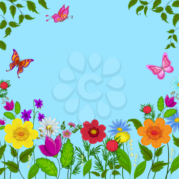 flowers, butterflies and leaves on a on a background of blue sky, vector