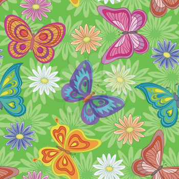 Seamless pattern, colorful flowers and butterflies on green background. Vector