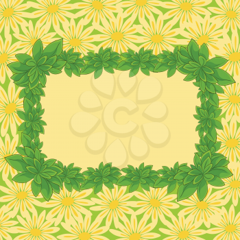 Floral background with a frame of green leaves and yellow flowers. Vector