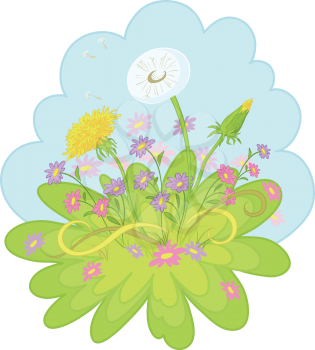 Dandelions and symbolical summer flowers on background of blue sky. Vector