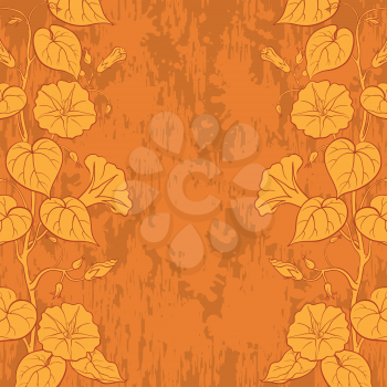 Floral background with Ipomoea flowers and leaves and abstract pattern. Vector