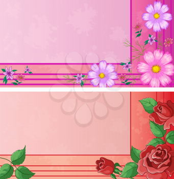 Set from two various business cards with flowers red roses. Vector