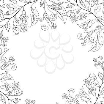 Vector floral background, frame of flowers and leafs, contours
