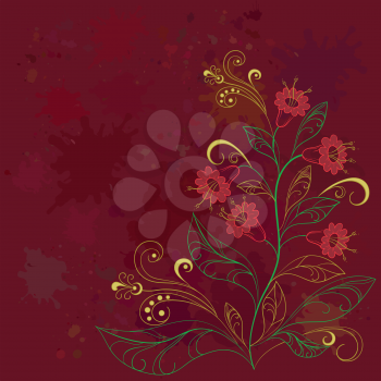 Vector abstract floral background with red stain and coloured contours flowers