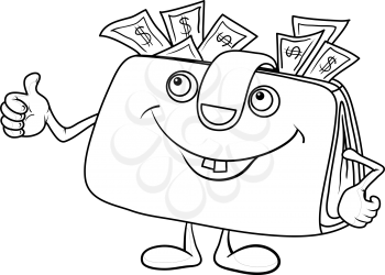 Smiling wallet with dollar bills showing thumbs up, contours. Vector