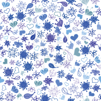 Seamless Floral Pattern, Symbolical Blue Contours and Silhouettes Flowers, Leaves and Hearts on White Background. Vector