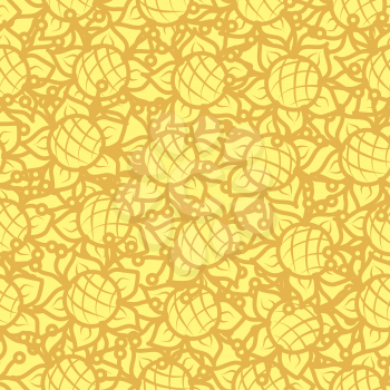 Seamless floral background, symbolical brown outline flowers on yellow. Vector
