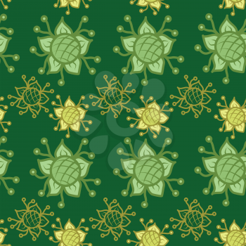 Seamless floral background, symbolical green and yellow silhouette flowers on green. Vector