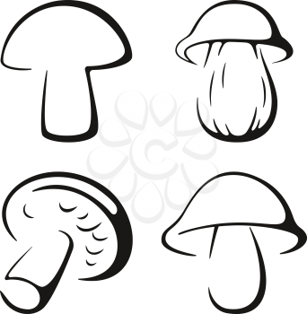Mushrooms, Set Monochrome Black Pictograms Icons Isolated on White Background. Vector