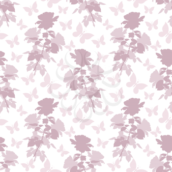 Seamless Pattern, Flowers Rose and Butterflies Silhouettes on White Background. Vector
