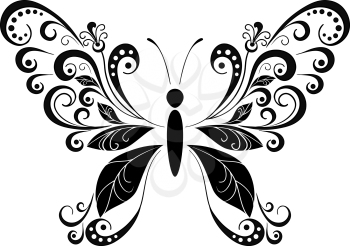 Symbolical Butterfly with Wings Leaves, Monochrome Black Pictogram Icon Isolated on White Background. Vector