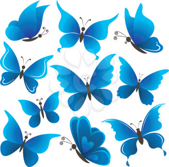 Set abstract blue butterflies with opened wings on white background. Vector