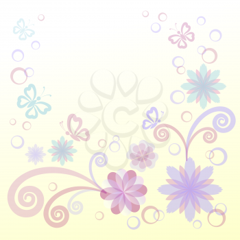Abstract background: blue and pink flowers, butterflies and leaves. Vector
