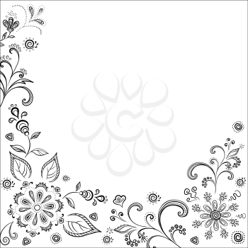 Floral pattern, black symbolical contour flowers on white background. Vector