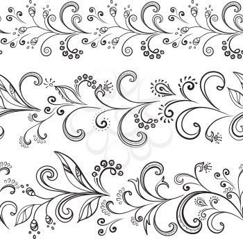 Seamless floral pattern, black symbolical contour flowers on white background. Vector