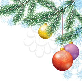 Christmas holiday background with fir branches, balls and snowflakes. Eps10, contains transparencies. Vector