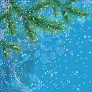 Christmas holiday background with fir branches, sky, stars and snowflakes. Eps10, contains transparencies. Vector