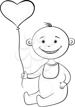 Smiling child sits with a heart-shaped valentine balloon, contours. Vector