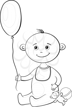 Child with a toys, balloon, teddy bear and a ball, contours. Vector
