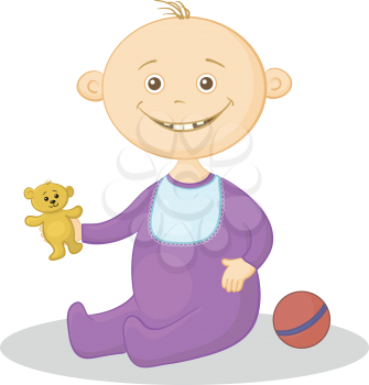 Baby with a toys: teddy bear and a ball. Vector