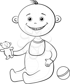 Baby with a toys: teddy bear and a ball, black contour on white background. Vector illustration