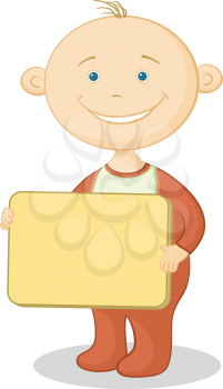Cheerful smiling child with a plate for your text. Vector