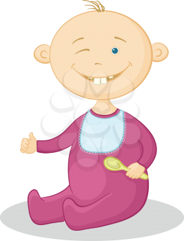 Cartoon, cheerful smiling winking baby with a spoon. Vector