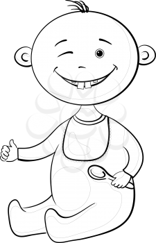 Cartoon, contours: cheerful smiling winking baby with a spoon. Vector
