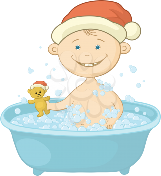 Cartoon, cheerful child Santa Claus washing in a bath and playing with a teddy bear. Vector